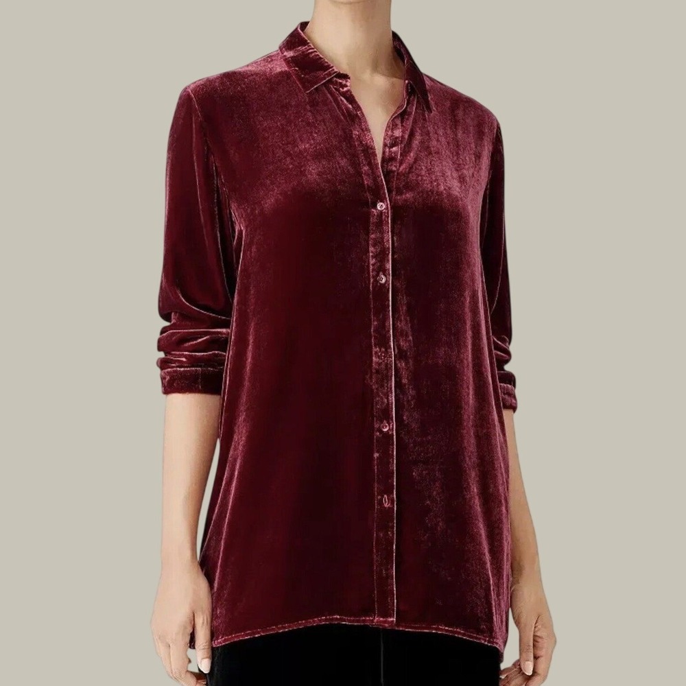 $298 Eileen Fisher Button Down Tunic S/P Burgundy Silk Velvet Quiet Luxury Chic